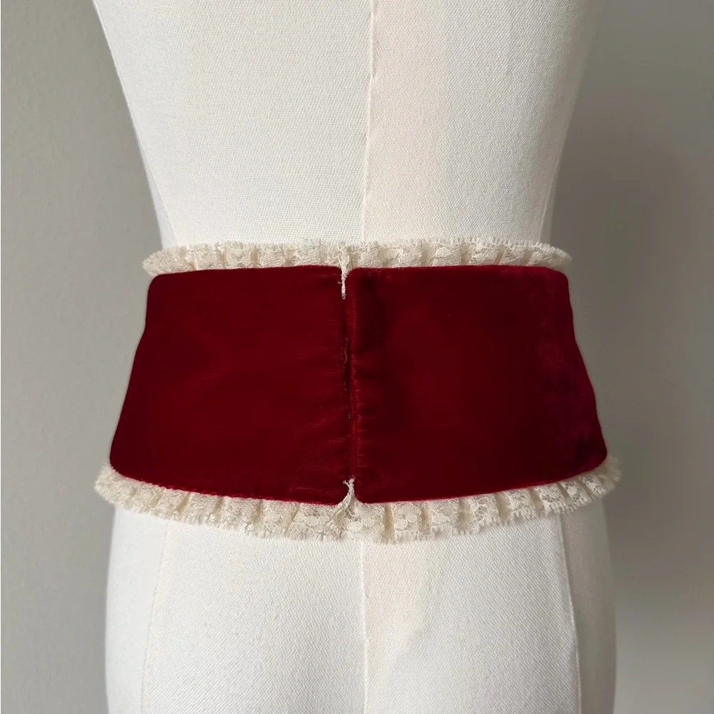 Romantic Vintage Red Velvet Wide Corset Belt with Lace Trim-Length 31”, Wide 5”